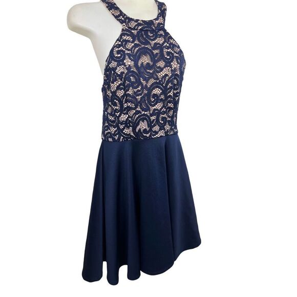 B Darlin Formal Dress size 9/10 Halter Open Back Navy Shimmer Lace Cocktail - Picture 13 of 16